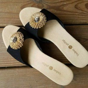 Lindsay Phillips Size 9 Black Slide Wedges w Snaps